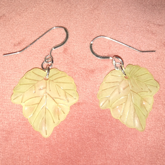 Solid 925 REAL Sterling Silver Frost Green Ivy Leaves Handmade Leaf Earrings New - Picture 3 of 7
